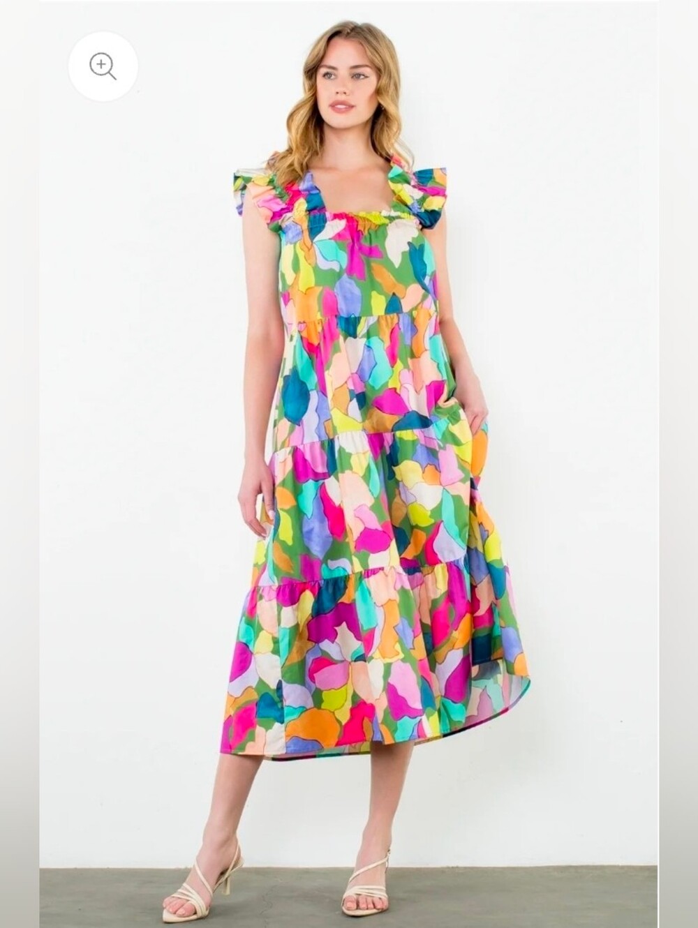 ❤️ THML TIERED WATERCOLOR MIDI DRESS WITH RUFFLE STRAPS, MEDIUM